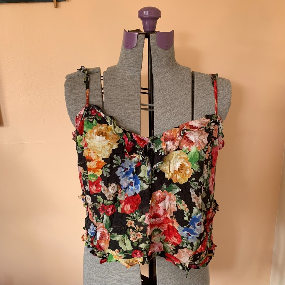 ICONS Objects of Devotion Floral Ruffle Camisole Top Black Large Made in USA